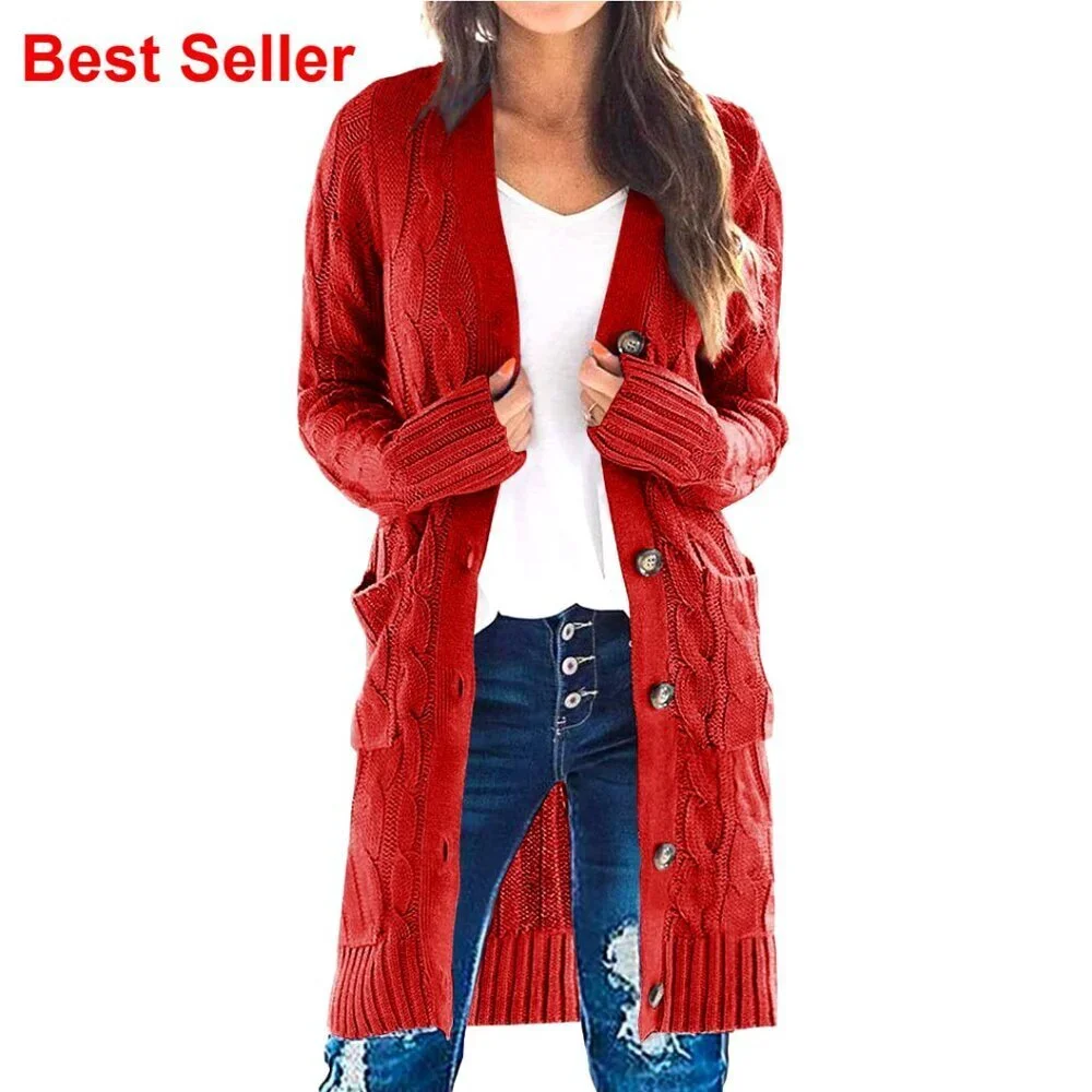 Long Sleeve Cable Knit Cardigan Chunky Open Front Button Sweater with Pockets